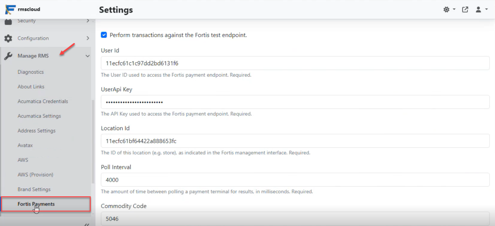 Fortis Payments Settings details