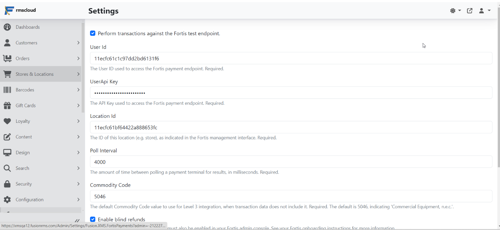 Settings of Fortis Payment Integration