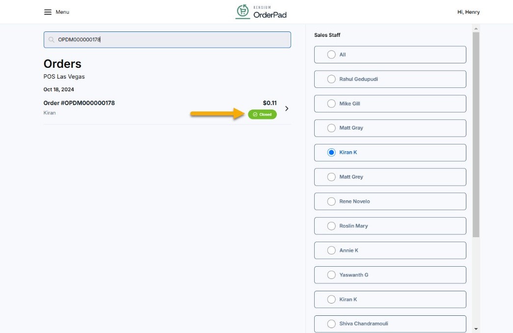 On the front end of OrderPad the order status will be closed